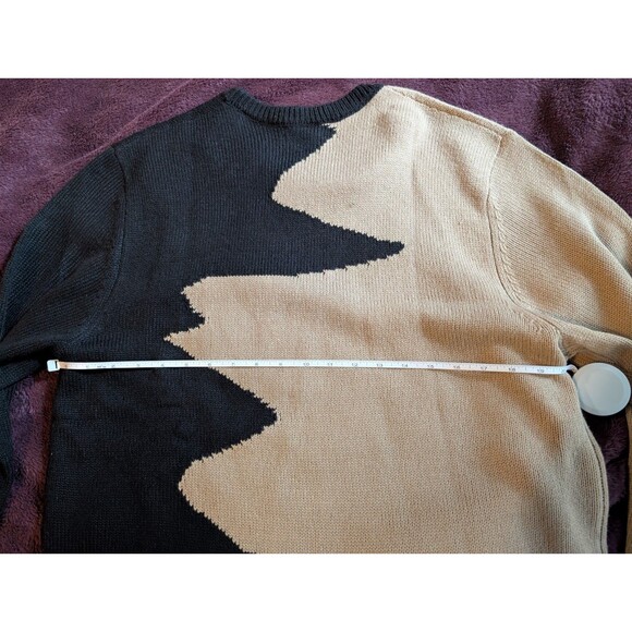 Men's Abstract Sweater Modern Split Two Tone Beige Black Size L Punk Hipster Alt - Picture 2 of 5
